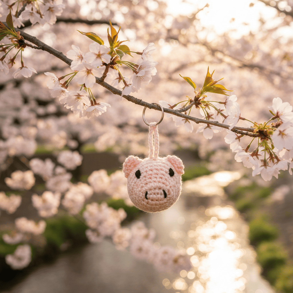 Crocheted pig keychain hanging from a cherry blossom branch